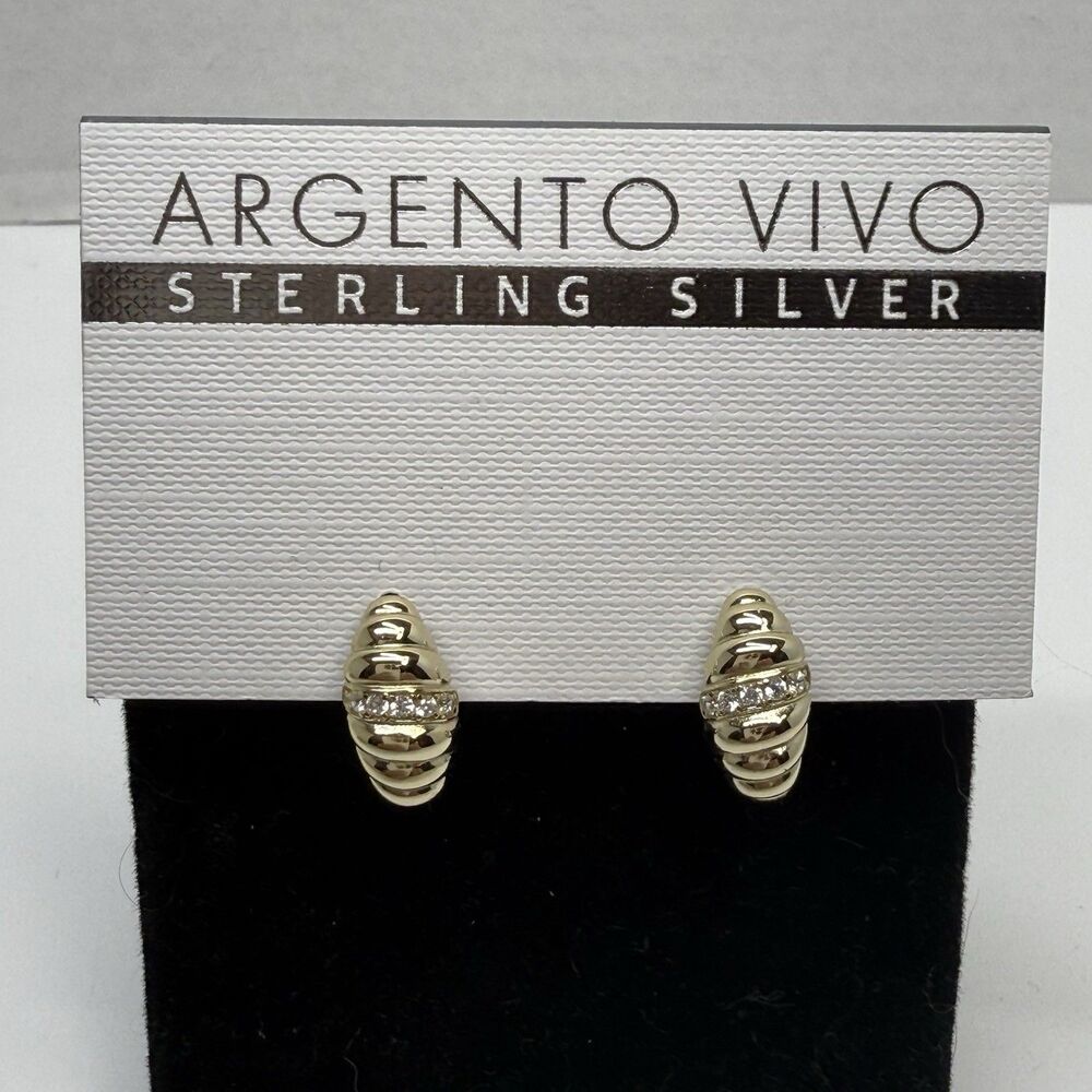 Argento Vivo Sterling Silver Gold Plated CZ Twisted Ribbed Hoop Earrings New